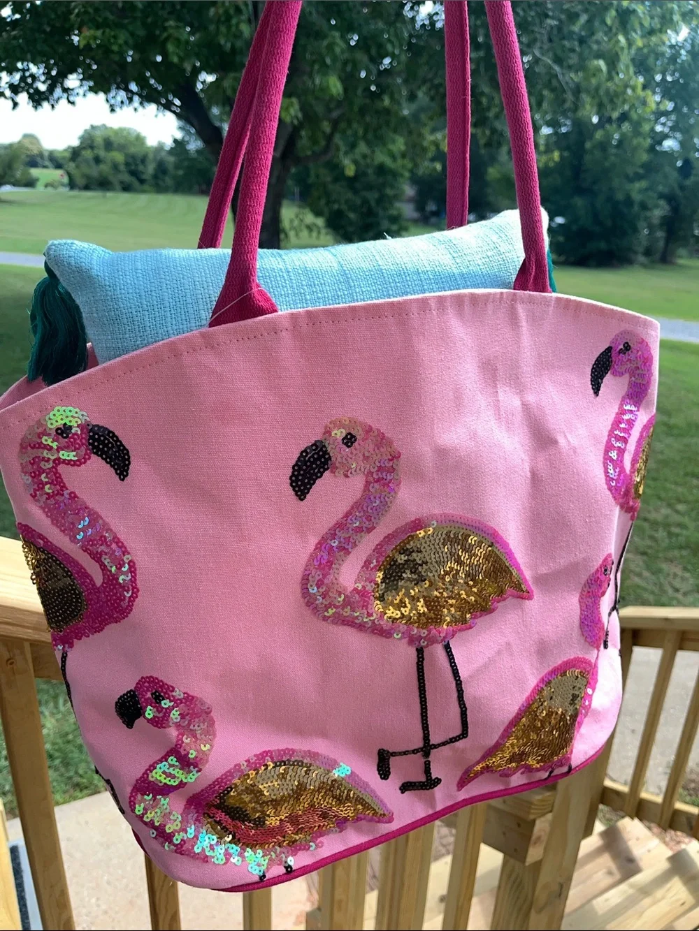 Pink Sequin Flamingo Tote Book Bag Farmers Market Tote